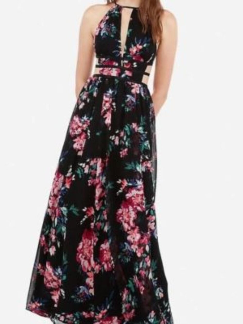 Express Black Floral Plunge Halter Strappy Side Cut Out Maxi Dress Size M